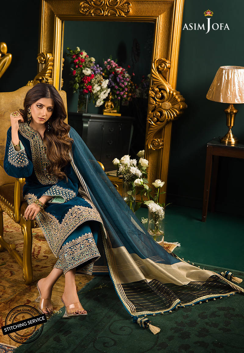 BN524-Heavy Embroidered Velvet Dress with Silk Trouser