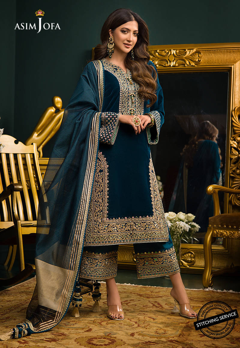 BN524-Heavy Embroidered Velvet Dress with Silk Trouser