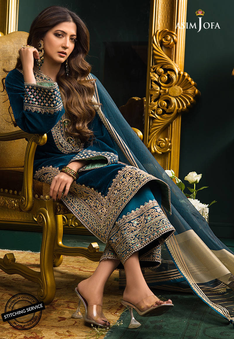 BN524-Heavy Embroidered Velvet Dress with Silk Trouser