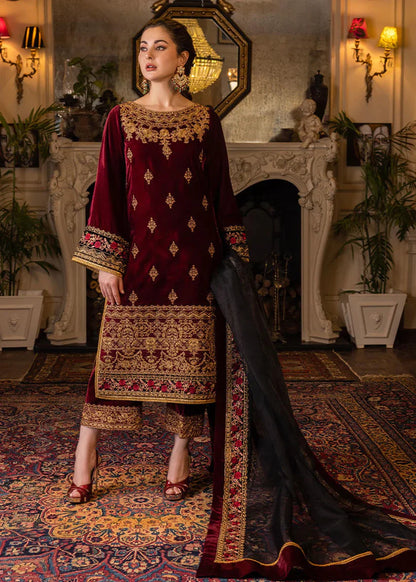 BN556-Velvet Winter Embroidered 3 Piece Dress With Organza embroidered Dopata