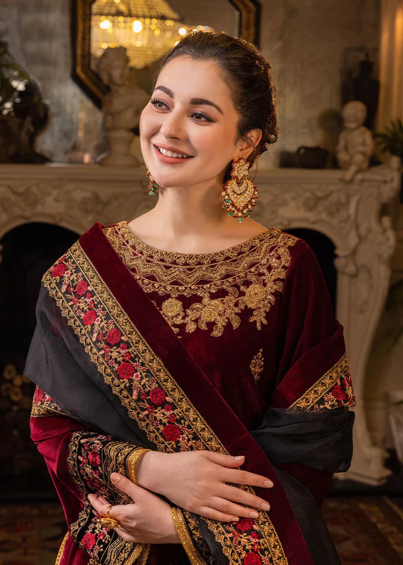 BN556-Velvet Winter Embroidered 3 Piece Dress With Organza embroidered Dopata