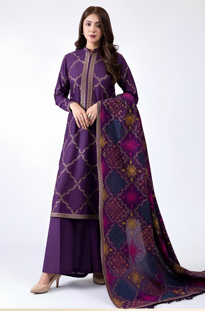 BN603-WINTER 3-Pc Embroidered Dhanak Suit with Heavy Embroidered Dhanak Shawll