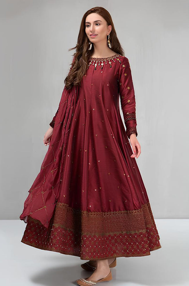BN099-Maria B Winter, unstiched 3 piece kataan silk frock style embroidered suit