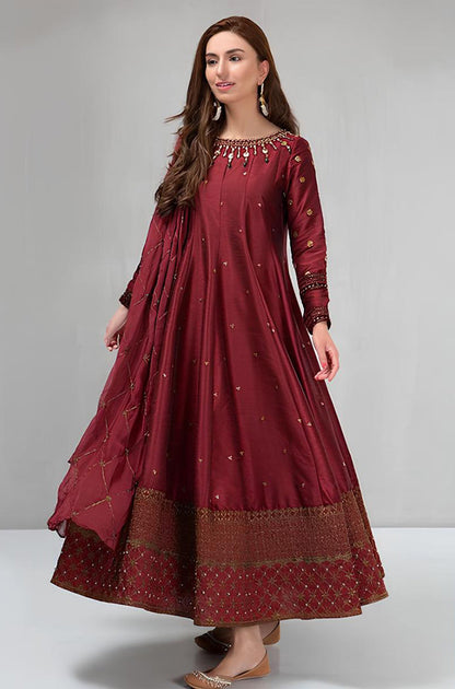 BN099-Maria B Winter, unstiched 3 piece kataan silk frock style embroidered suit
