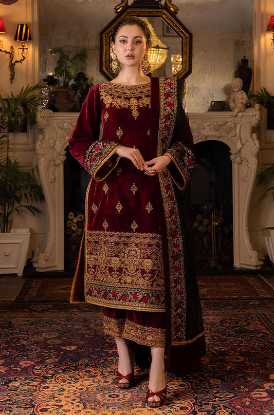 BN556-Velvet Winter Embroidered 3 Piece Dress With Organza embroidered Dopata