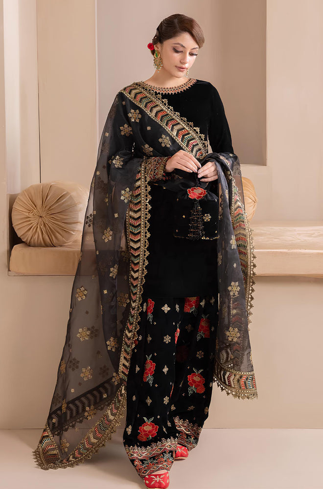 BN577-Embroidered Velvet Dress With Organza embroidered Dopata