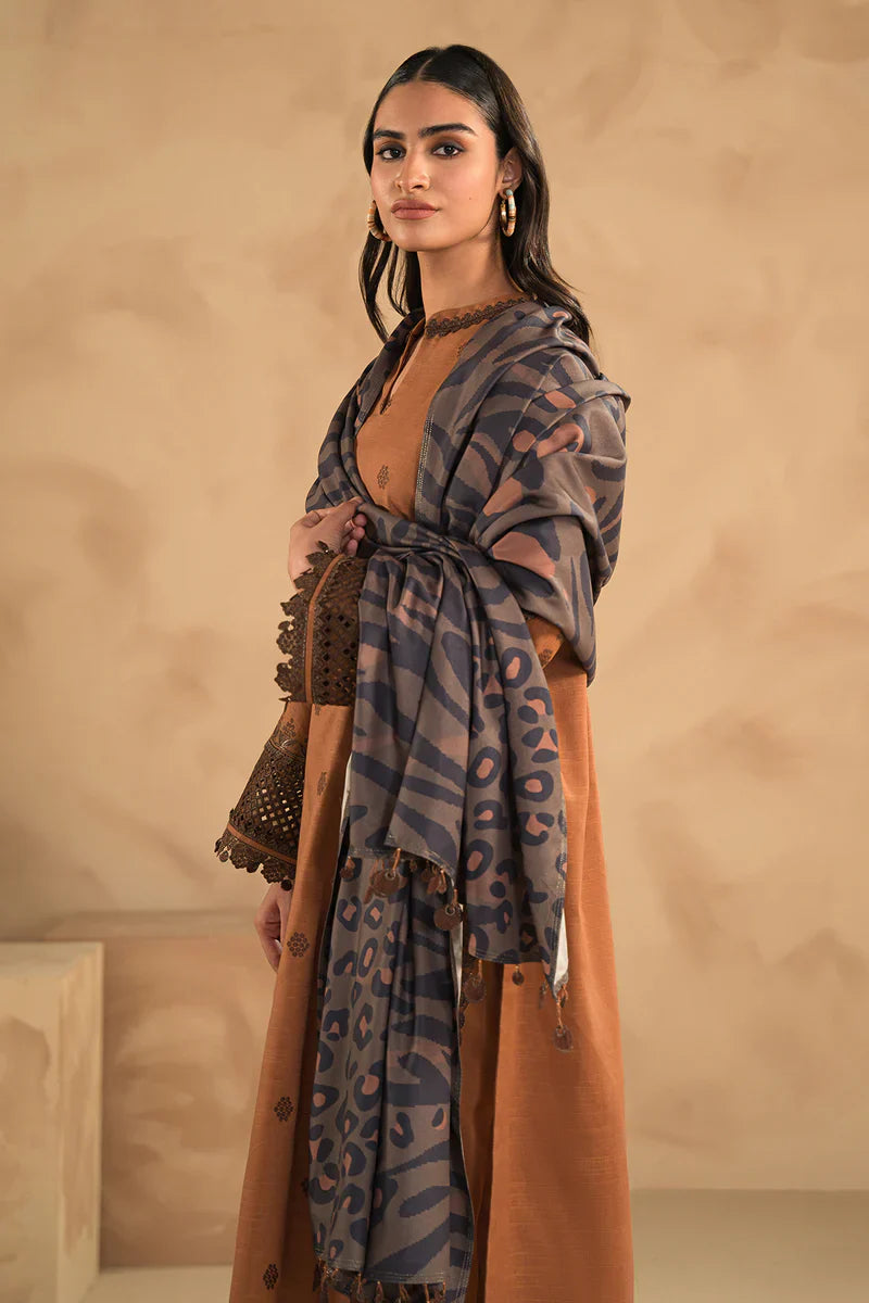 BN631-WINTER 3PC Dhannak Embroidered suit with Printed Shawll