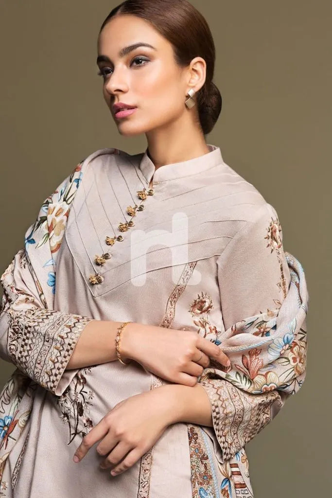 BN589-WINTER 3PC Dhannak Embroidered suit with Printed Shawll