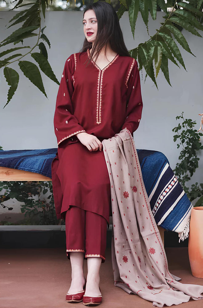 BN503-WINTER 3PC Dhanak suit with Embroidered Shawll