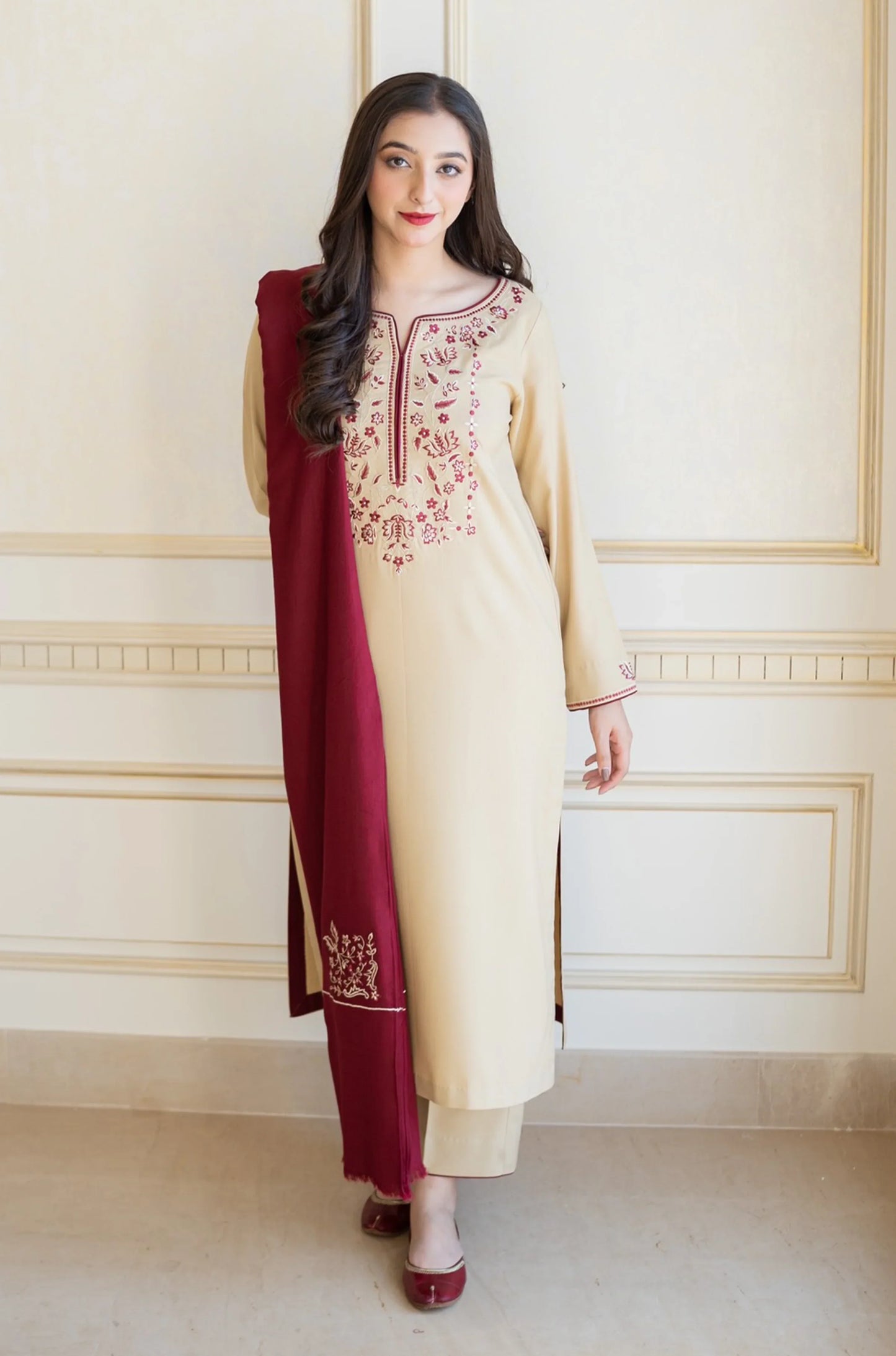 BN614-WINTER 3PC Dhanak suit with Embroidered Shawll