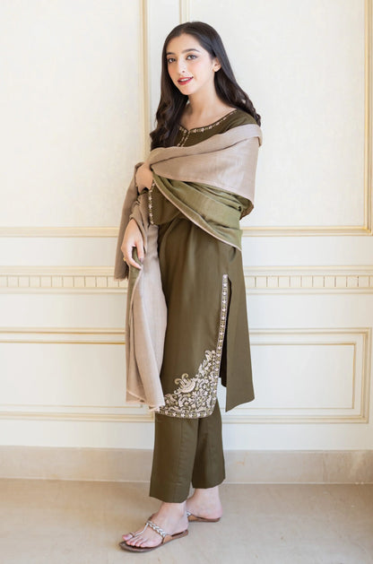 BN612-WINTER 3PC Dhanak suit with Embroidered Shawll