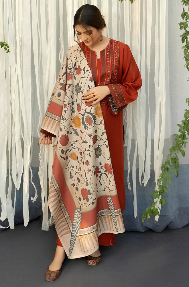 BN914-WINTER 3PC Dhannak Embroidered suit with Printed Shawll