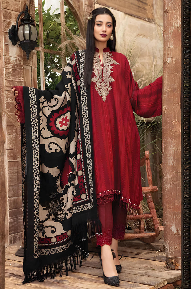 BN520-WINTER 3PC Dhannak Embroidered suit with Printed Shawll