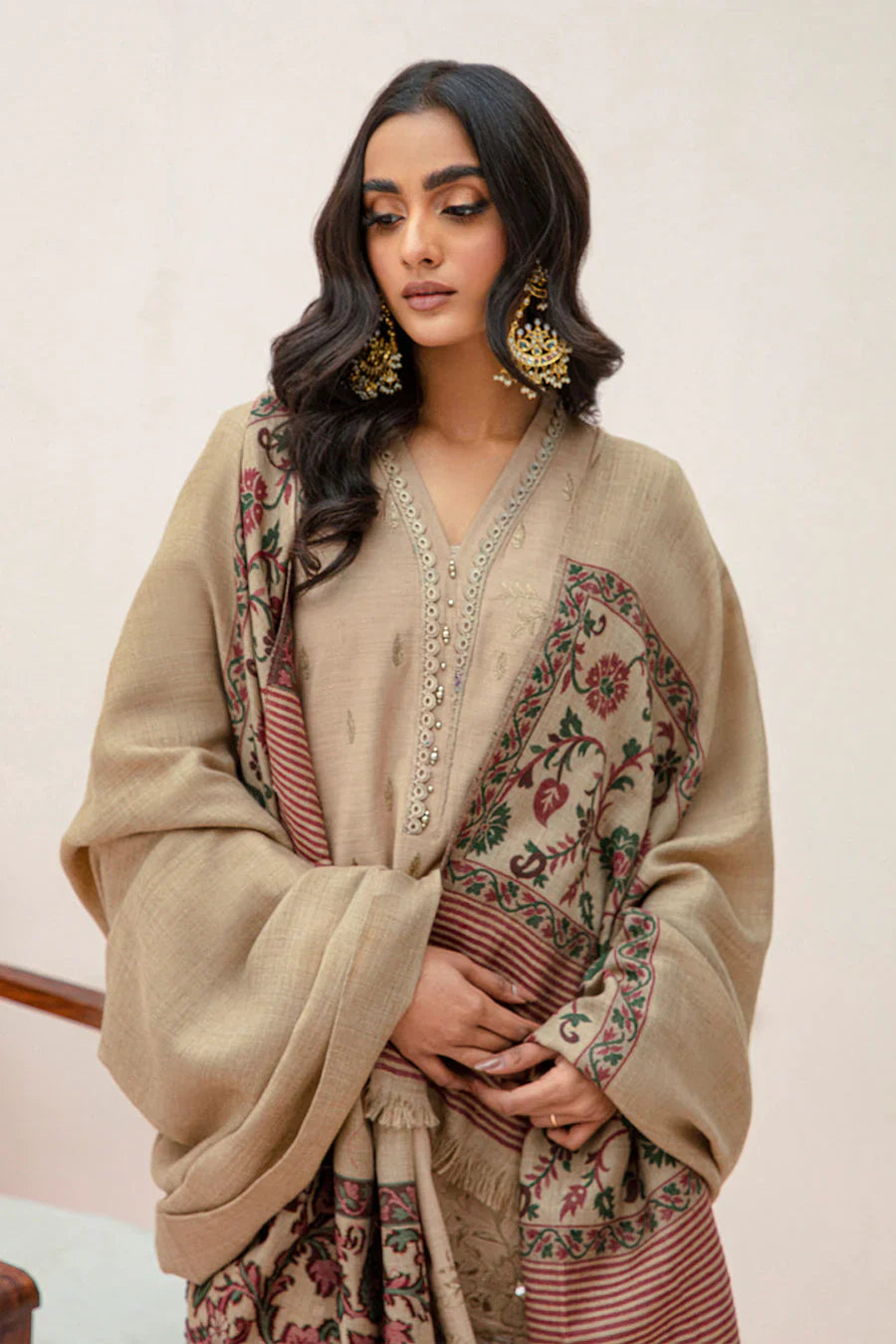 BN574-WINTER 3PC Dhannak Embroidered suit with Printed Shawll