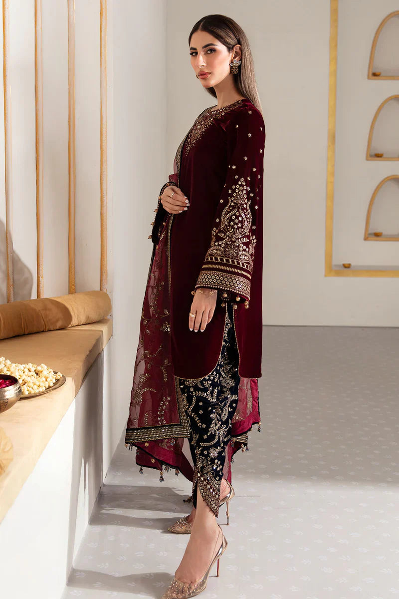 BN901-Winter Velvet Unstitched 3PCs Embroidered Dress With Organza Dupatta