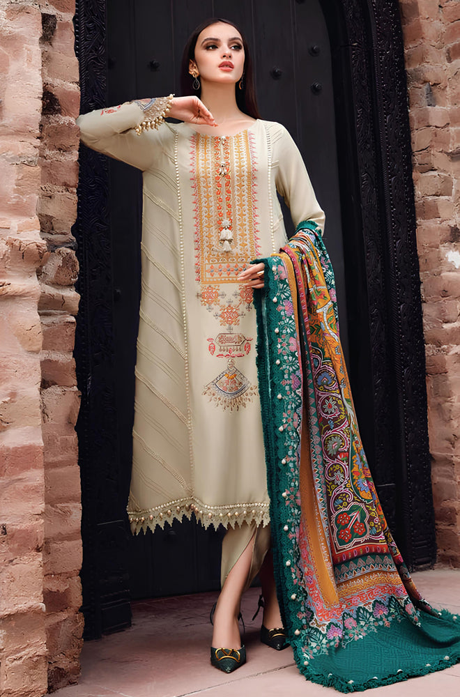 BN539-WINTER 3PC Dhannak Embroidered suit with Printed Shawll