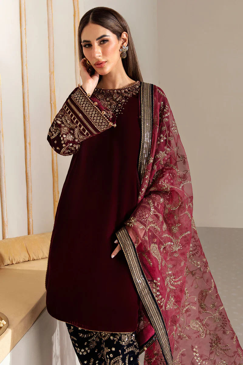 BN901-Winter Velvet Unstitched 3PCs Embroidered Dress With Organza Dupatta