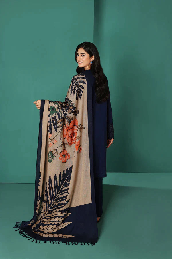 BN585-WINTER Nishat Blue Linen Embroidered three piece With Printed Wool Shawll