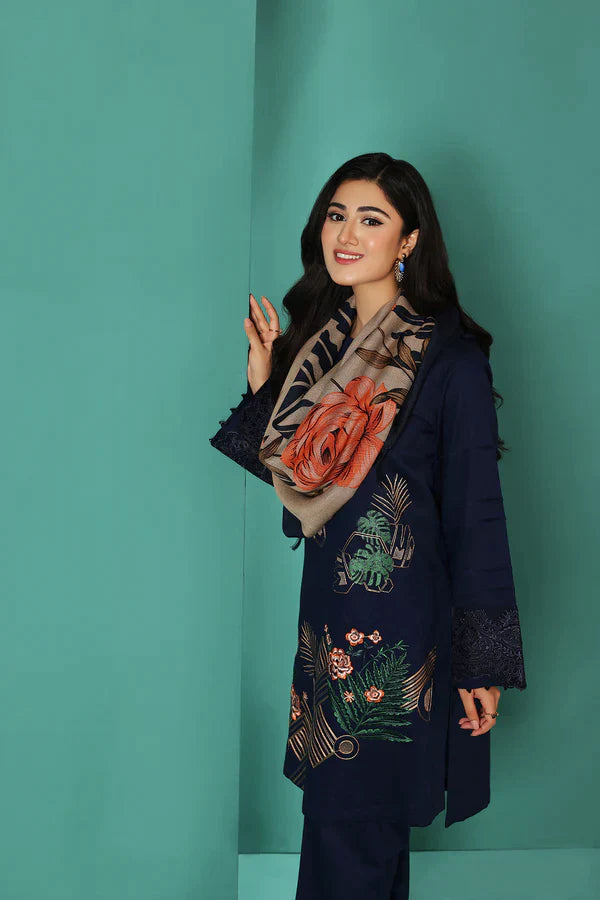 BN585-WINTER Nishat Blue Linen Embroidered three piece With Printed Wool Shawll