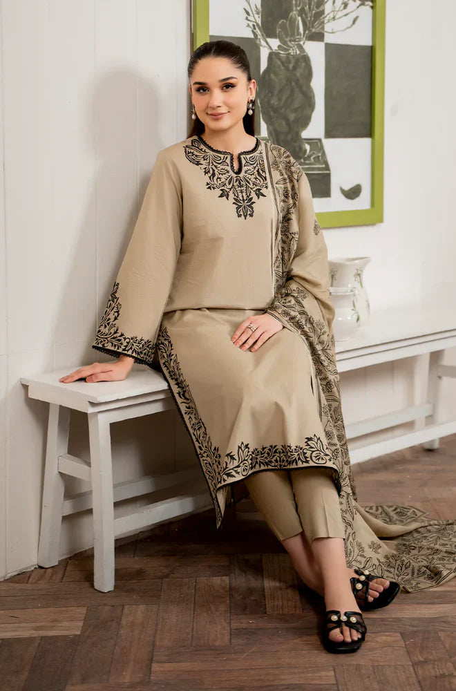 BN913-WINTER 3PC Dhannak Embroidered suit with Printed Shawll