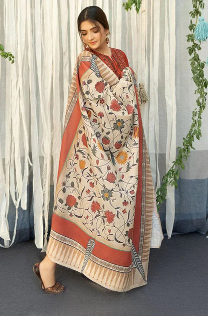 BN914-WINTER 3PC Dhannak Embroidered suit with Printed Shawll