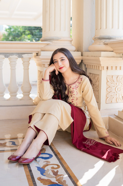 BN614-WINTER 3PC Dhanak suit with Embroidered Shawll