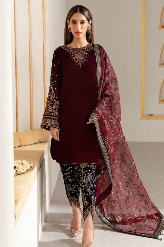 BN901-Winter Velvet Unstitched 3PCs Embroidered Dress With Organza Dupatta