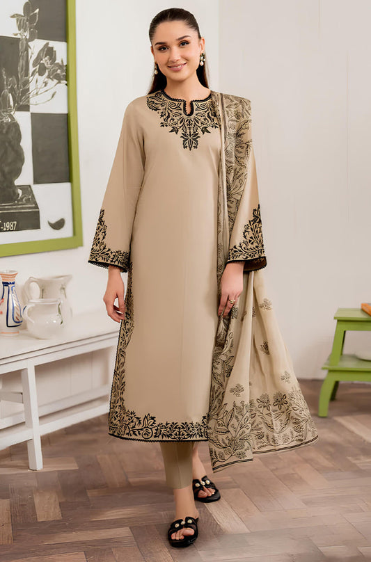 BN913-WINTER 3PC Dhannak Embroidered suit with Printed Shawll