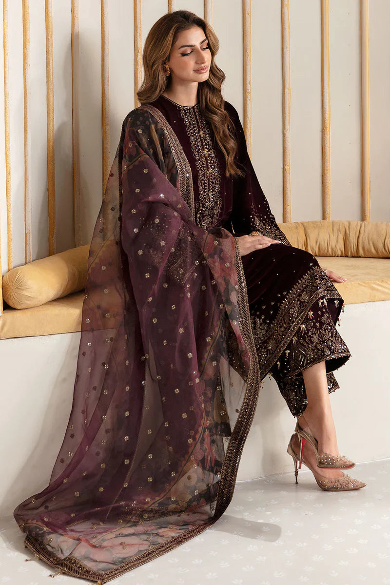 BN902-Winter Velvet Unstitched 3PCs Embroidered Dress With Organza Dupatta