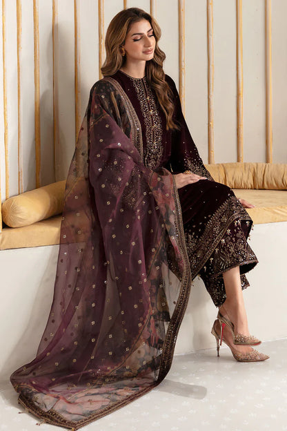 BN902-Winter Velvet Unstitched 3PCs Embroidered Dress With Organza Dupatta
