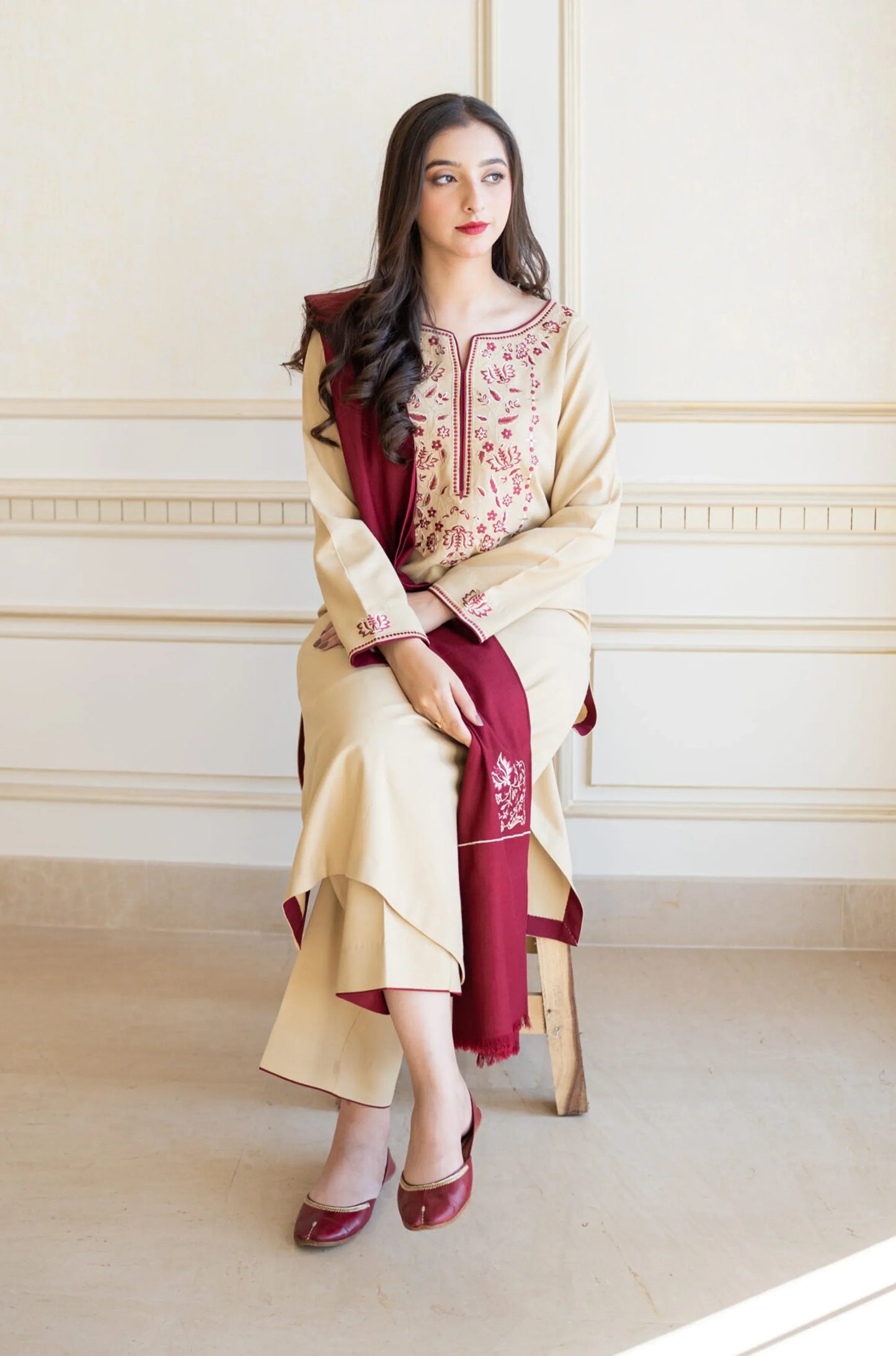 BN614-WINTER 3PC Dhanak suit with Embroidered Shawll