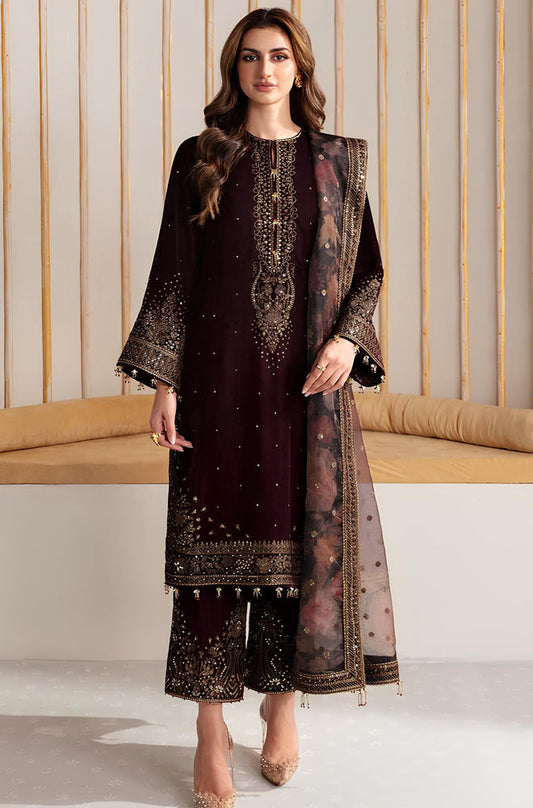 BN902-Winter Velvet Unstitched 3PCs Embroidered Dress With Organza Dupatta