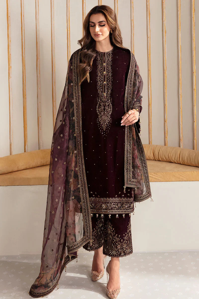 BN902-Winter Velvet Unstitched 3PCs Embroidered Dress With Organza Dupatta