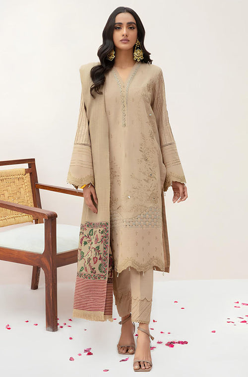 BN574-WINTER 3PC Dhannak Embroidered suit with Printed Shawll