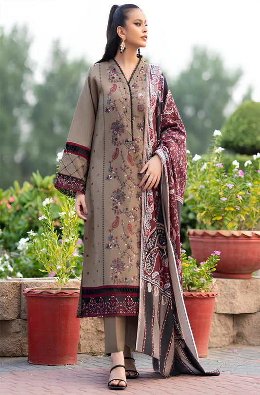 BN617-WINTER 3PC Dhannak Embroidered suit with Printed Shawll
