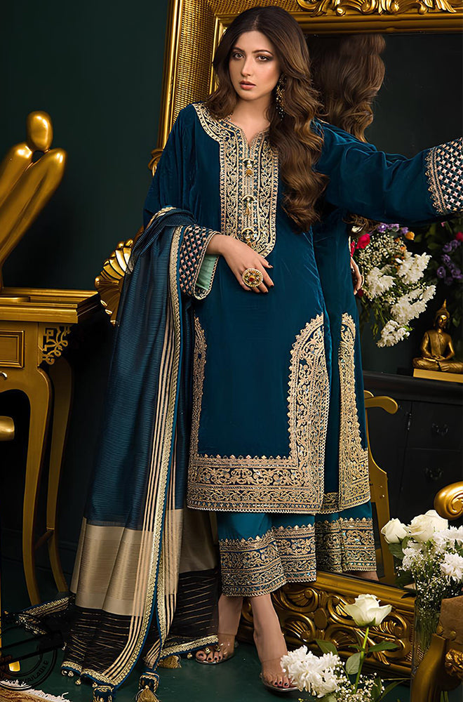 BN524-Heavy Embroidered Velvet Dress with Silk Trouser