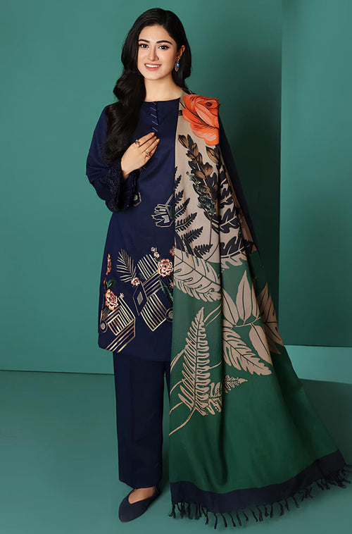 BN585-WINTER Nishat Blue Linen Embroidered three piece With Printed Wool Shawll
