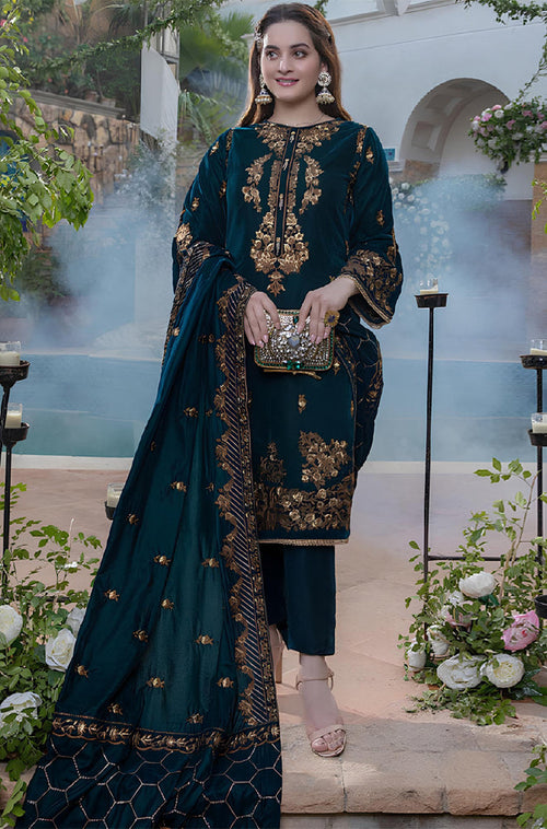 BN404-Embroidered Velvet Three piece With Velvet Shawl Winter Collection
