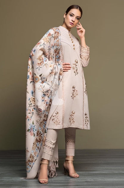 BN589-WINTER 3PC Dhannak Embroidered suit with Printed Shawll