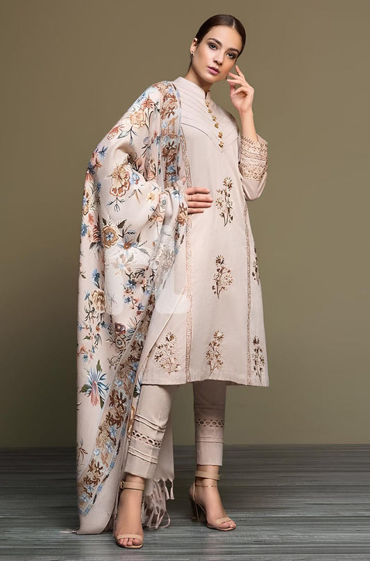 BN589-WINTER 3PC Dhannak Embroidered suit with Printed Shawll