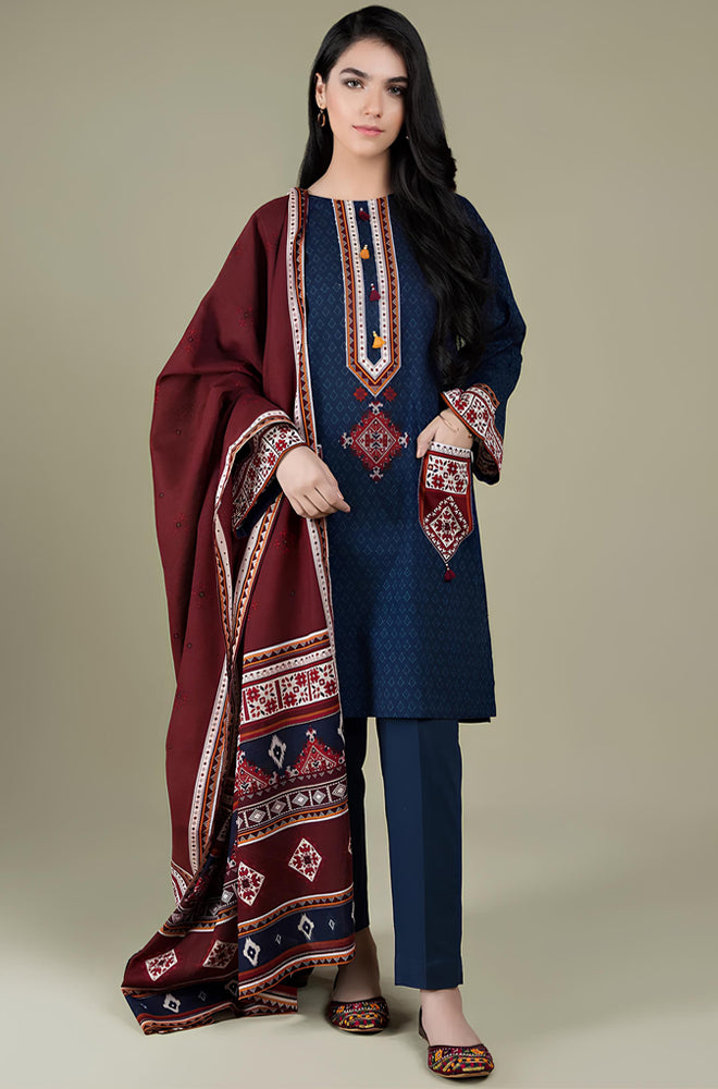BN522-WINTER  3PC Linen Embroidered suit with Embroidered Shawll