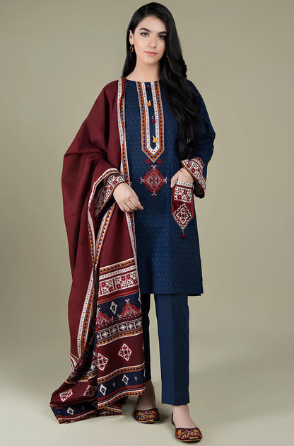 BN522-WINTER  3PC Linen Embroidered suit with Embroidered Shawll