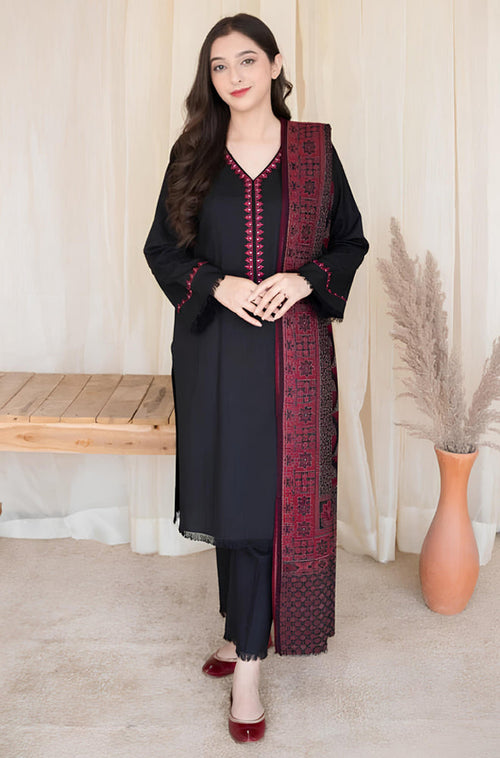 BN628-WINTER 3PC Dhannak Embroidered suit with Printed Shawll