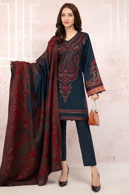 BN582-Winter 3PC Khaddar Embroidered Suit with Printed Wool Shawll