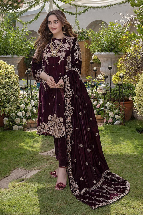 BN403-Embroidered Velvet Three piece With Velvet Shawl Winter Collection