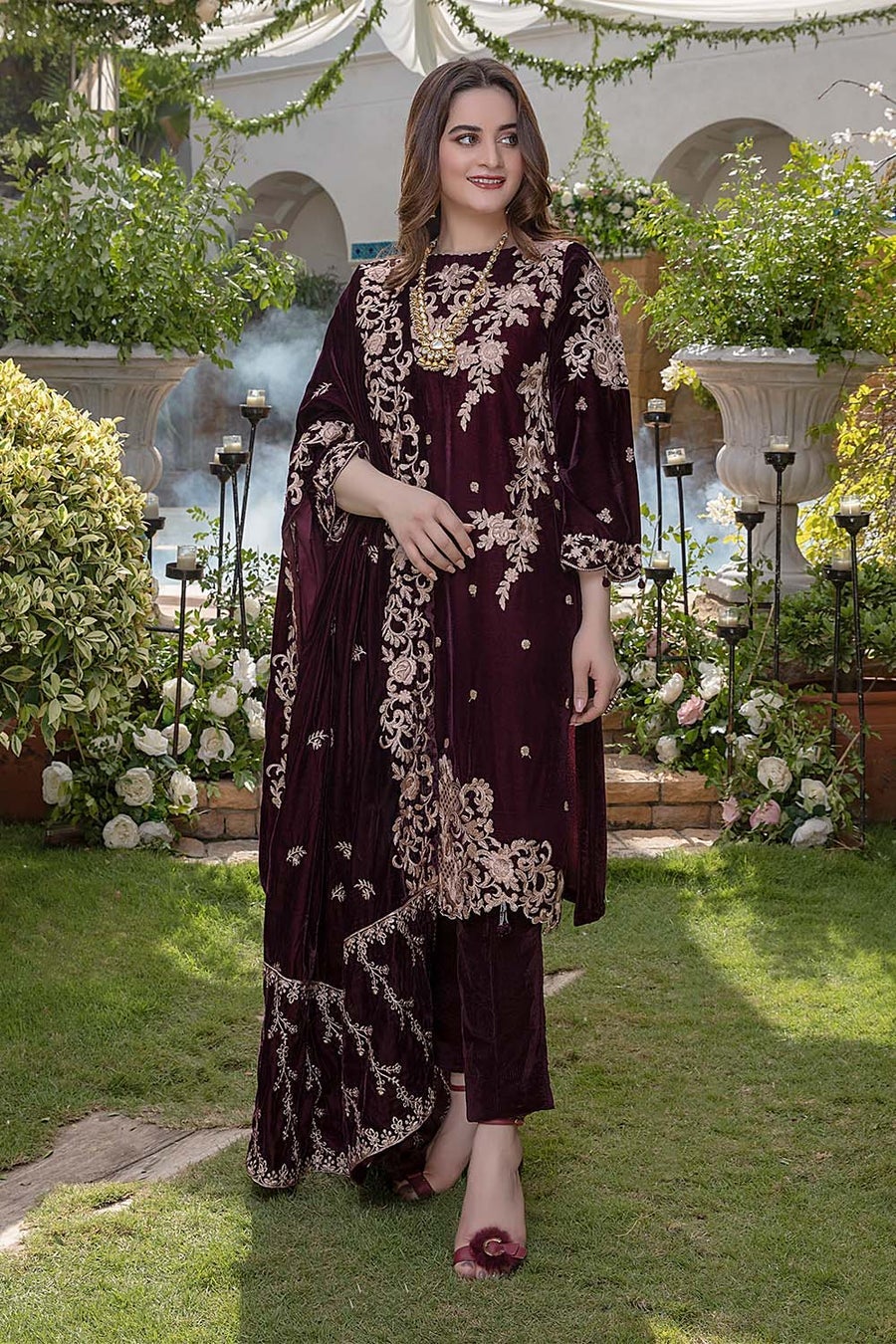 BN403-Embroidered Velvet Three piece With Velvet Shawl Winter Collection