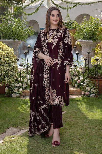 BN403-Embroidered Velvet Three piece With Velvet Shawl Winter Collection