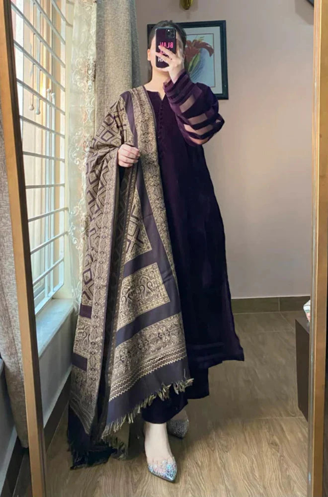 BUNAAI - Velvet Dress with Printed Dhanak Shawl BN33117
