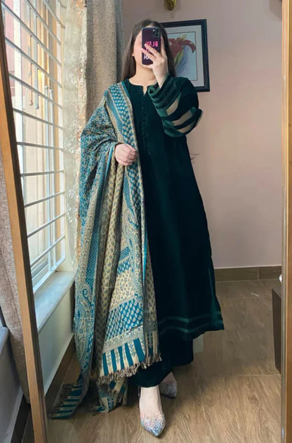 BUNAAI- Velvet Dress with Printed Dhanak Shawl BN33118