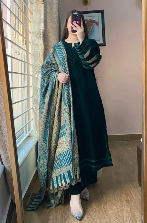 BUNAAI- Velvet Dress with Printed Dhanak Shawl BN33118